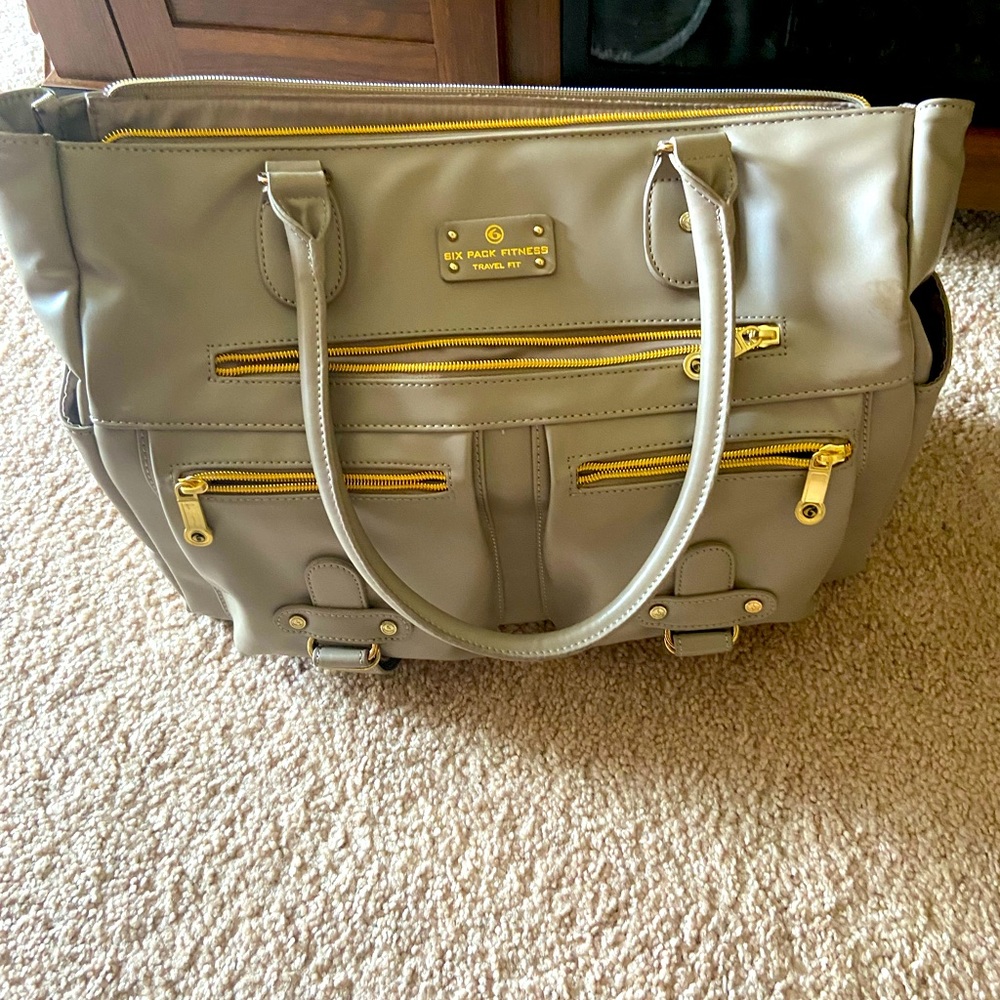 Six Pack Beige Travel Bag with Gold Accents